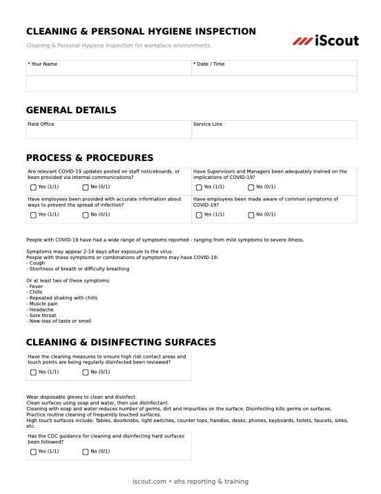 Cleaning & Personal Hygiene Inspection