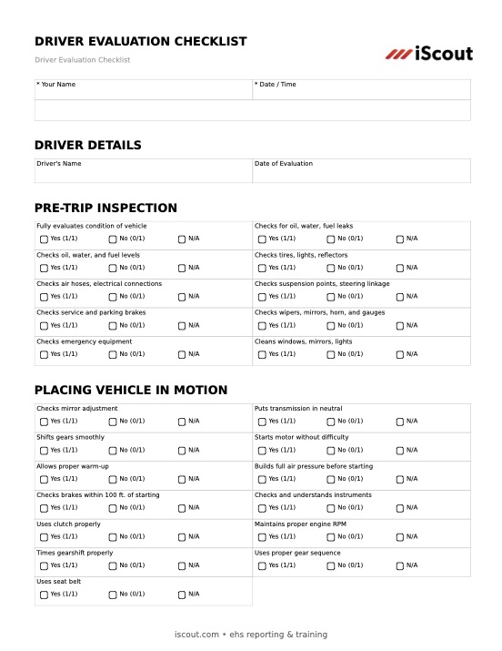 Driver Evaluation Checklist
